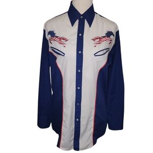 Vintage 70s Ely Cattleman Western Shirt Pearl Snap Mens Medium Patriotic Horses